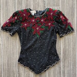 Laurence Kazar Brand Beautiful Black/Red Embellished Christmas Holiday Top Sz SM